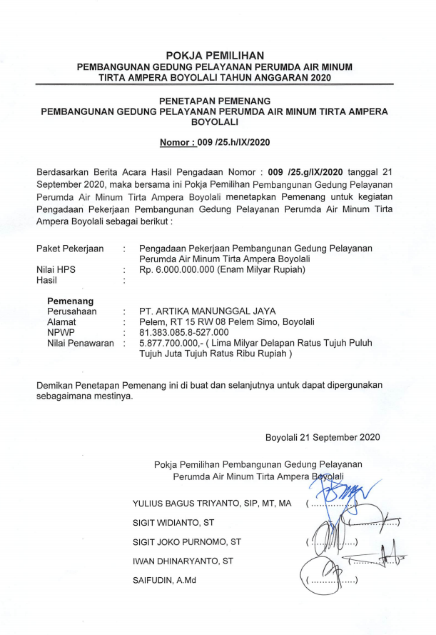 Penetapan & Pengumuman Pemenang Tender Pembangunan Gedung Pelayanan Perumda t.a. 2020